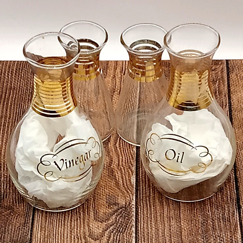 PYREX GLASS  Oil & Vinegar Cruets and Salt Pepper Shakers No Stoppers Gold Band
